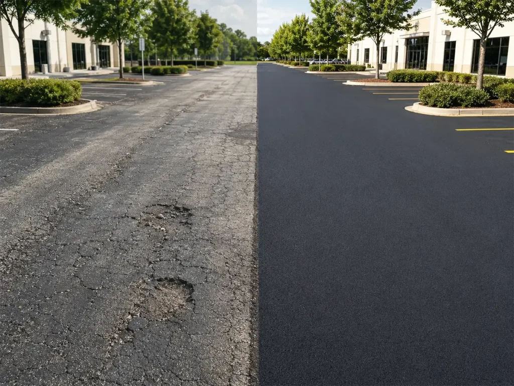 A parking lot is shown split down the middle—one side has cracked, damaged asphalt with potholes, while the other side is newly paved, smooth, and freshly painted. Trees and buildings line both sides.