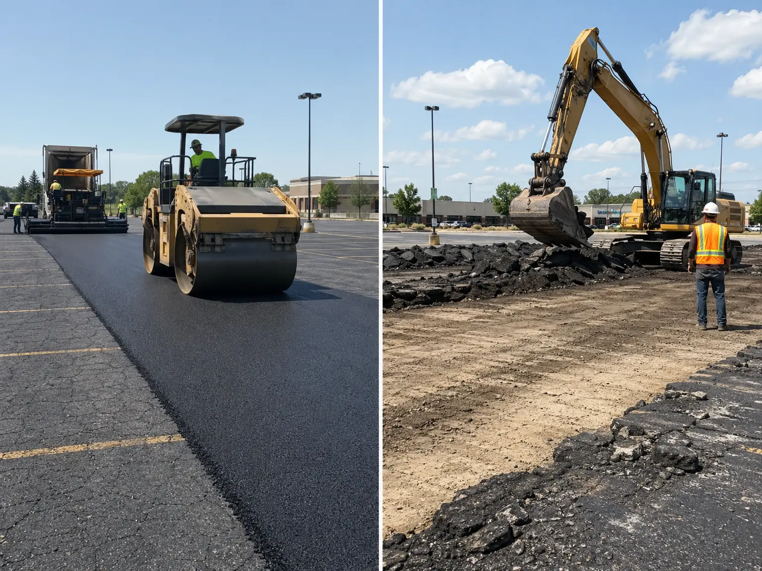 Split image: Left side shows a steamroller smoothing new asphalt on a parking lot; right side shows an excavator digging and removing broken pavement while a worker in a safety vest observes.