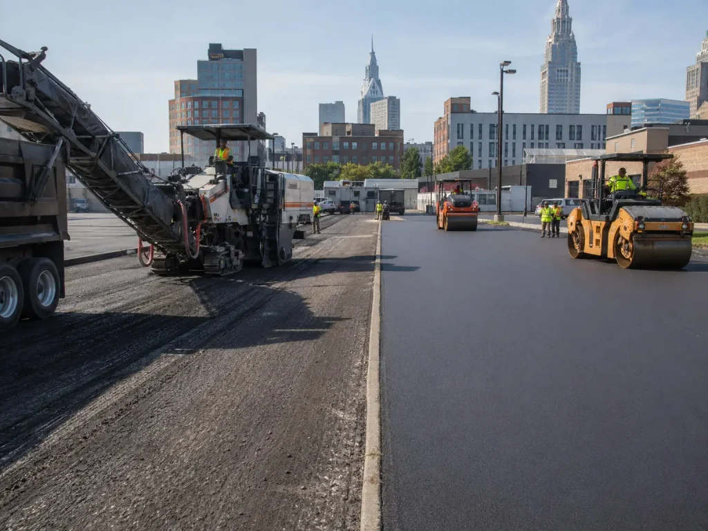 Construction workers and large paving machines lay new asphalt on a city parking lot, with tall buildings and a blue sky visible in the background. The left side is being resurfaced, while the right side is freshly paved.