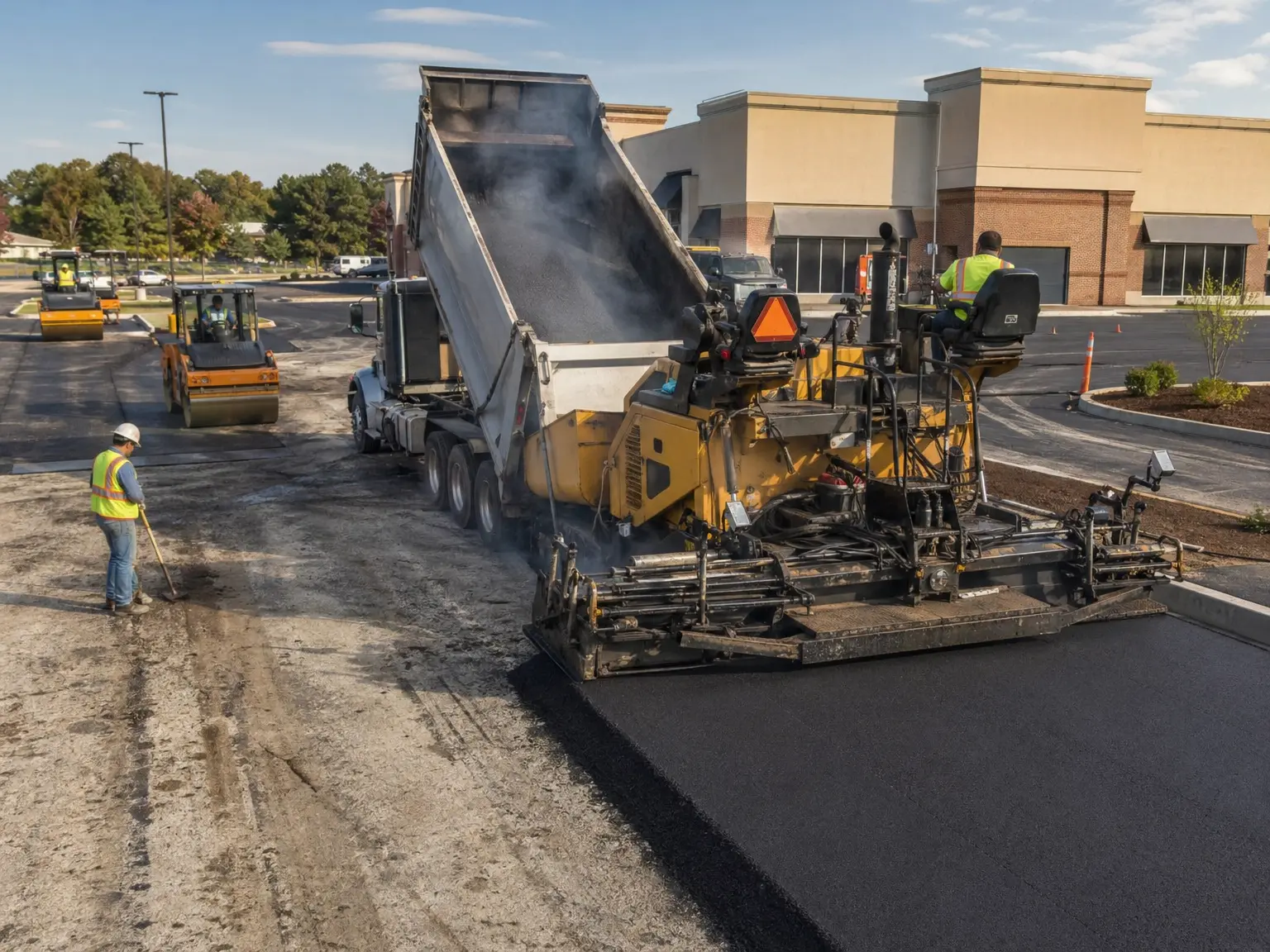Construction workers pave a parking lot with fresh asphalt using a large paving machine and dump truck, while a worker smooths the surface and another operates a steamroller in the background. Buildings are visible nearby.