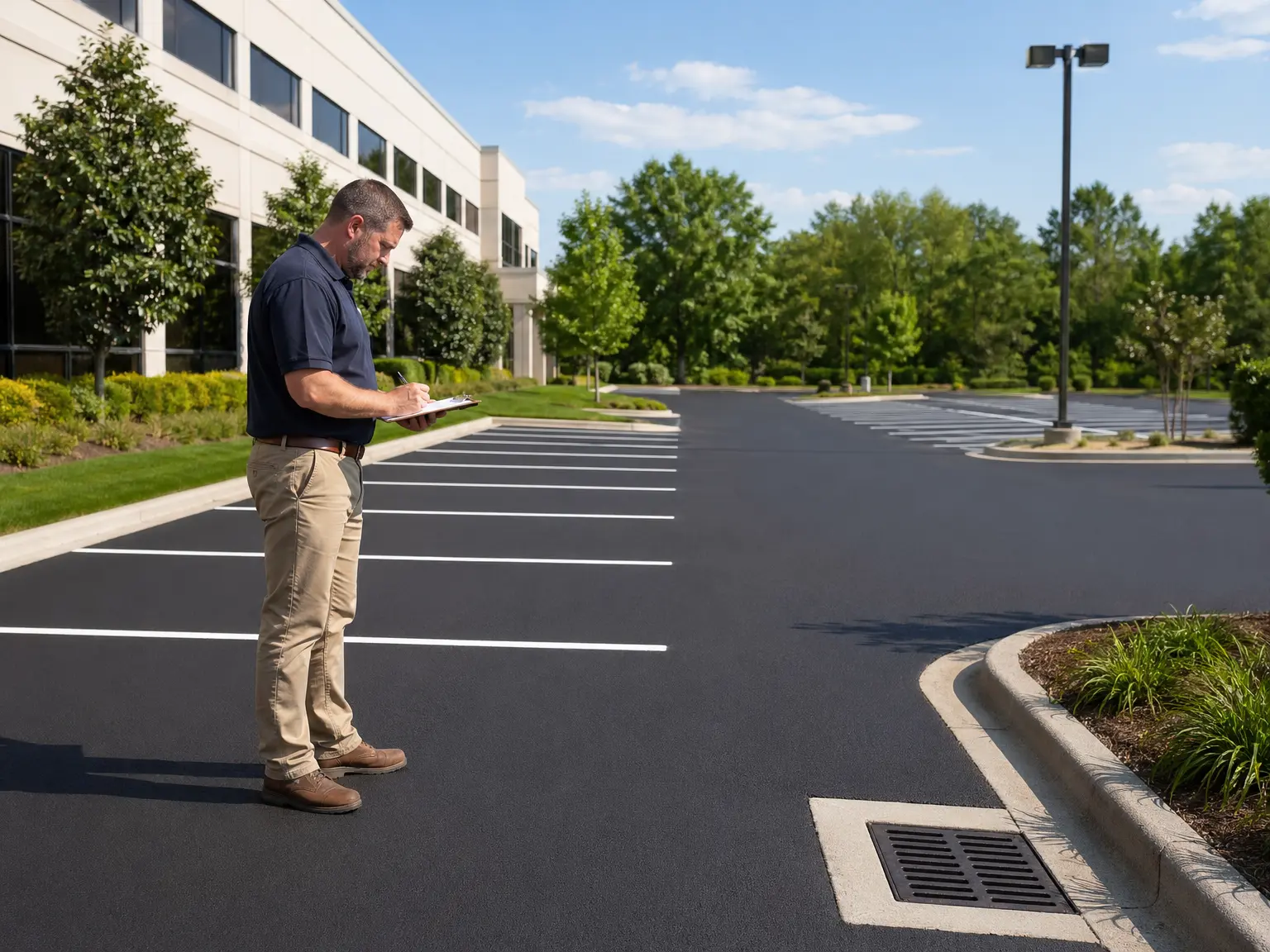 A man stands in an empty parking lot outside a modern office building, writing on a clipboard. The scene is sunny, with green trees and landscaped bushes surrounding the lot.