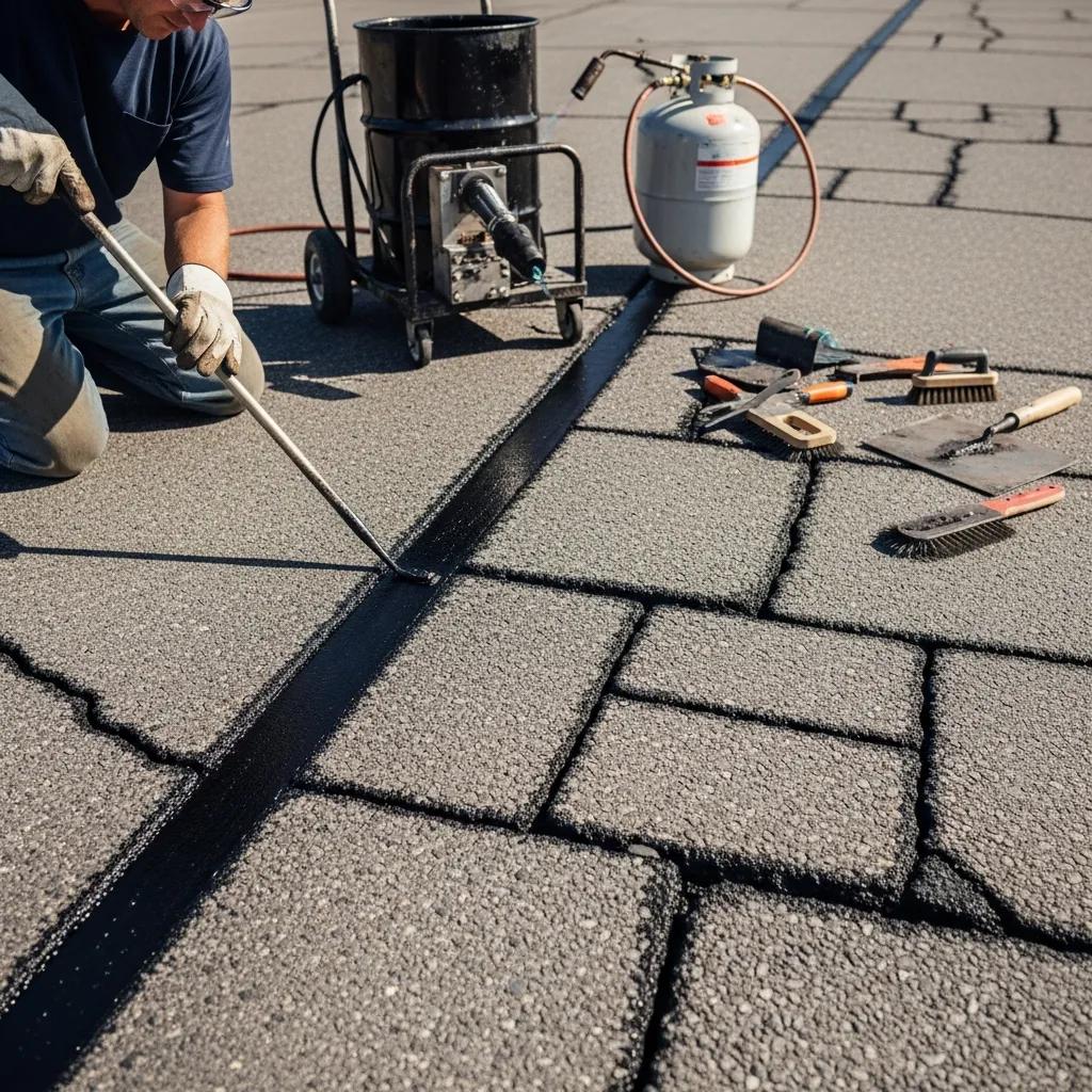 A worker fills cracks in asphalt with filler using a tool. Nearby are sealing equipment, a propane tank, and various hand tools laid out on the pavement.