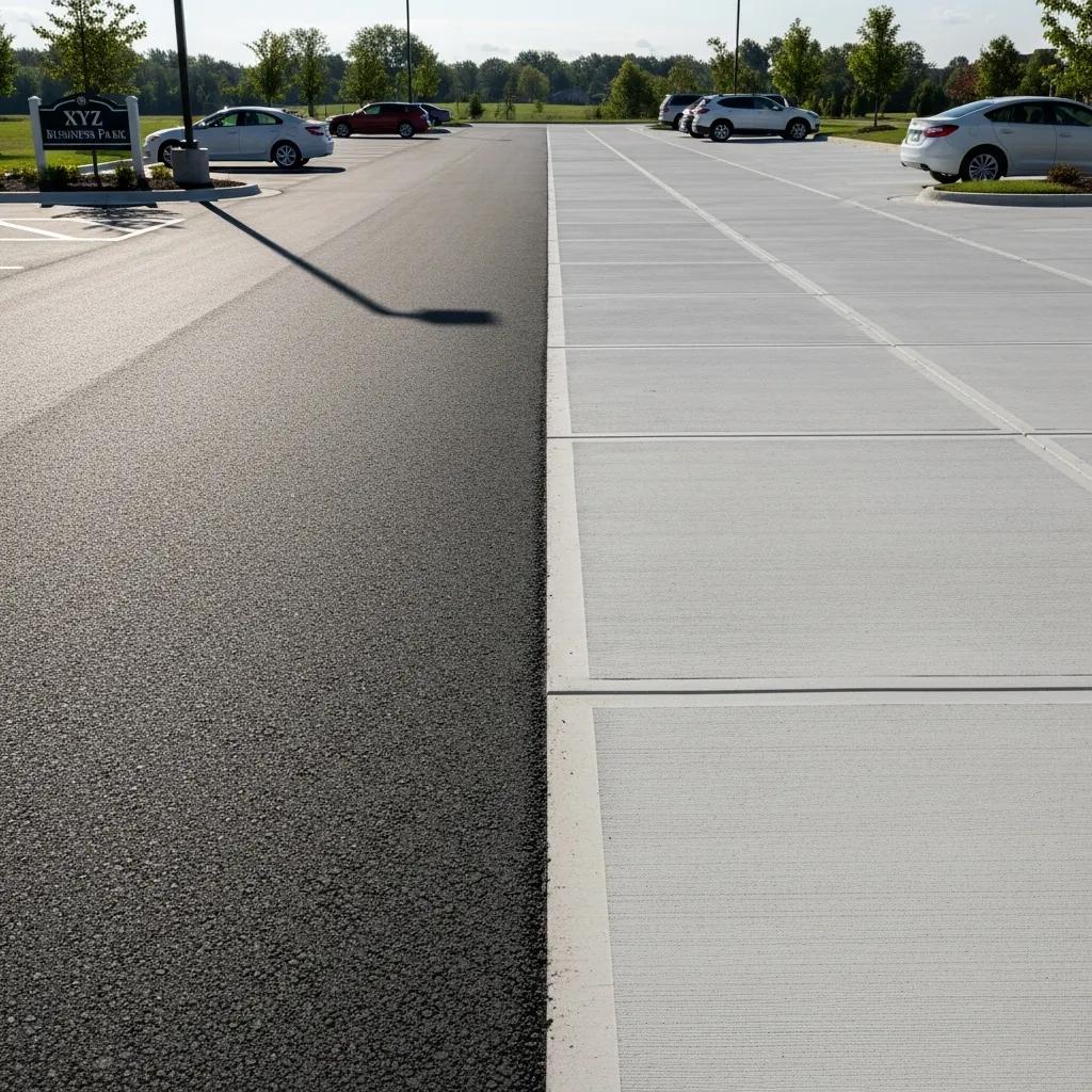 A parking lot with one side paved in black asphalt and the other in light concrete, separated by a distinct straight line. Several cars are parked, and green trees are visible in the background.