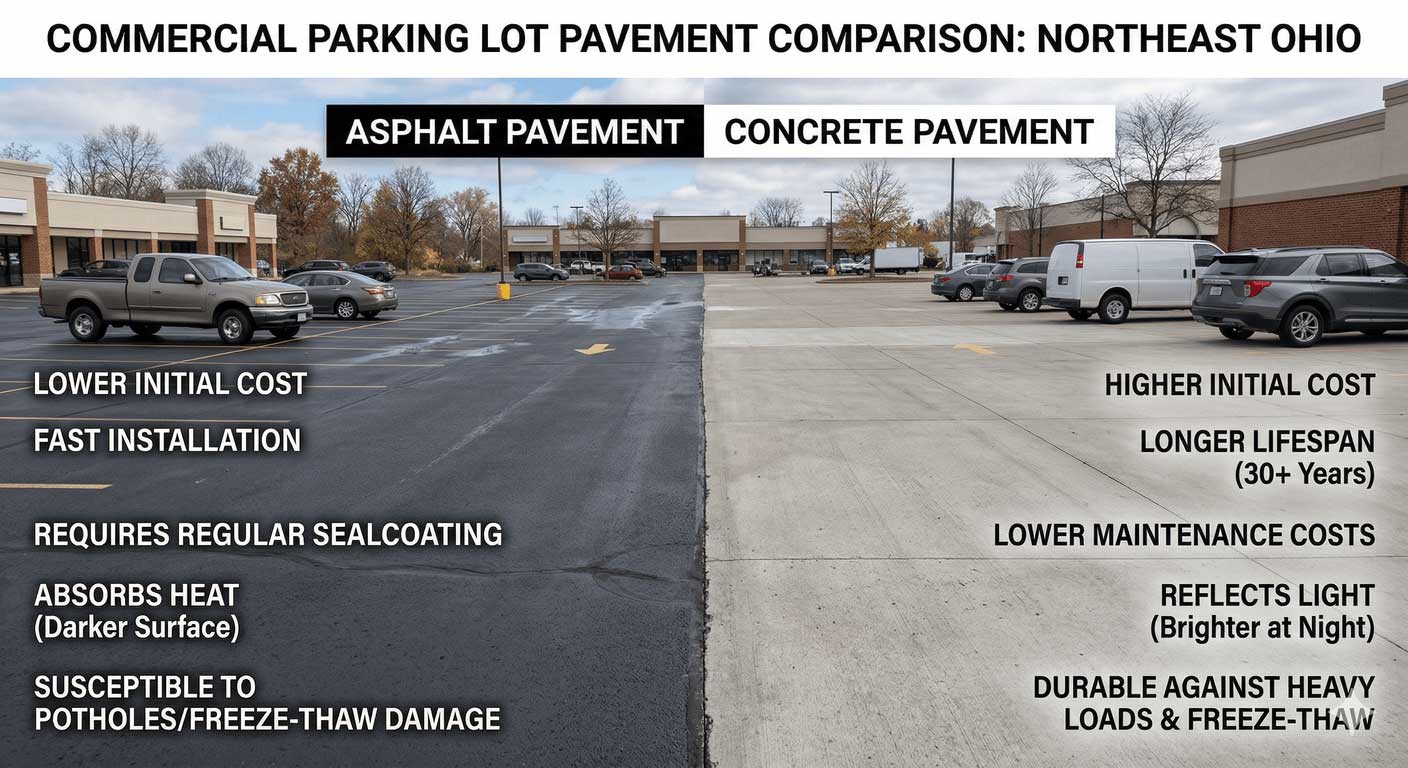 A split-image compares asphalt pavement (left) and concrete pavement (right) in a commercial parking lot, listing their costs, maintenance, durability, and surface properties under the heading Commercial Parking Lot Pavement Comparison: Northeast Ohio.