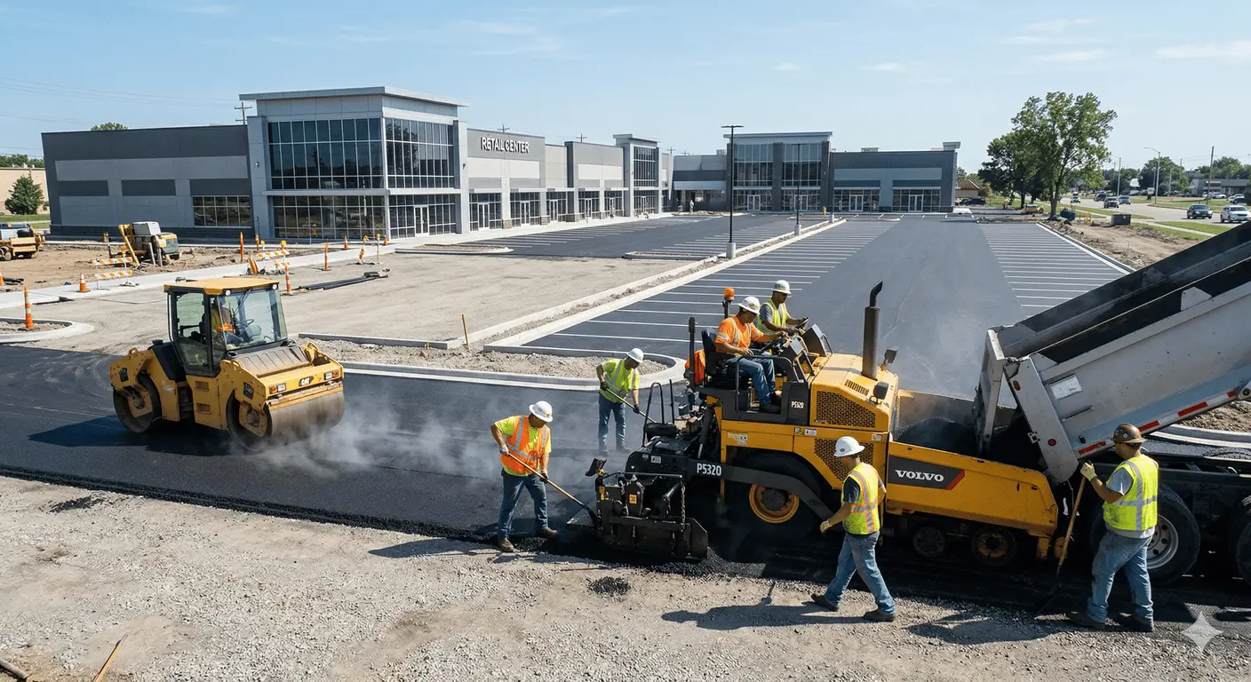 Construction workers in safety vests and helmets are paving a parking lot with heavy machinery in front of a modern commercial building under a clear sky.