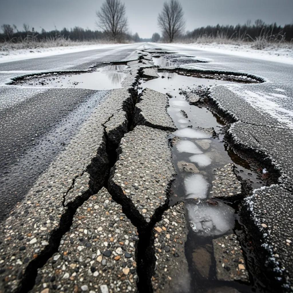 A cracked, damaged road with deep fissures and puddles of water and ice. Bare trees line the roadside under a cloudy, overcast sky, creating a cold and desolate winter scene.