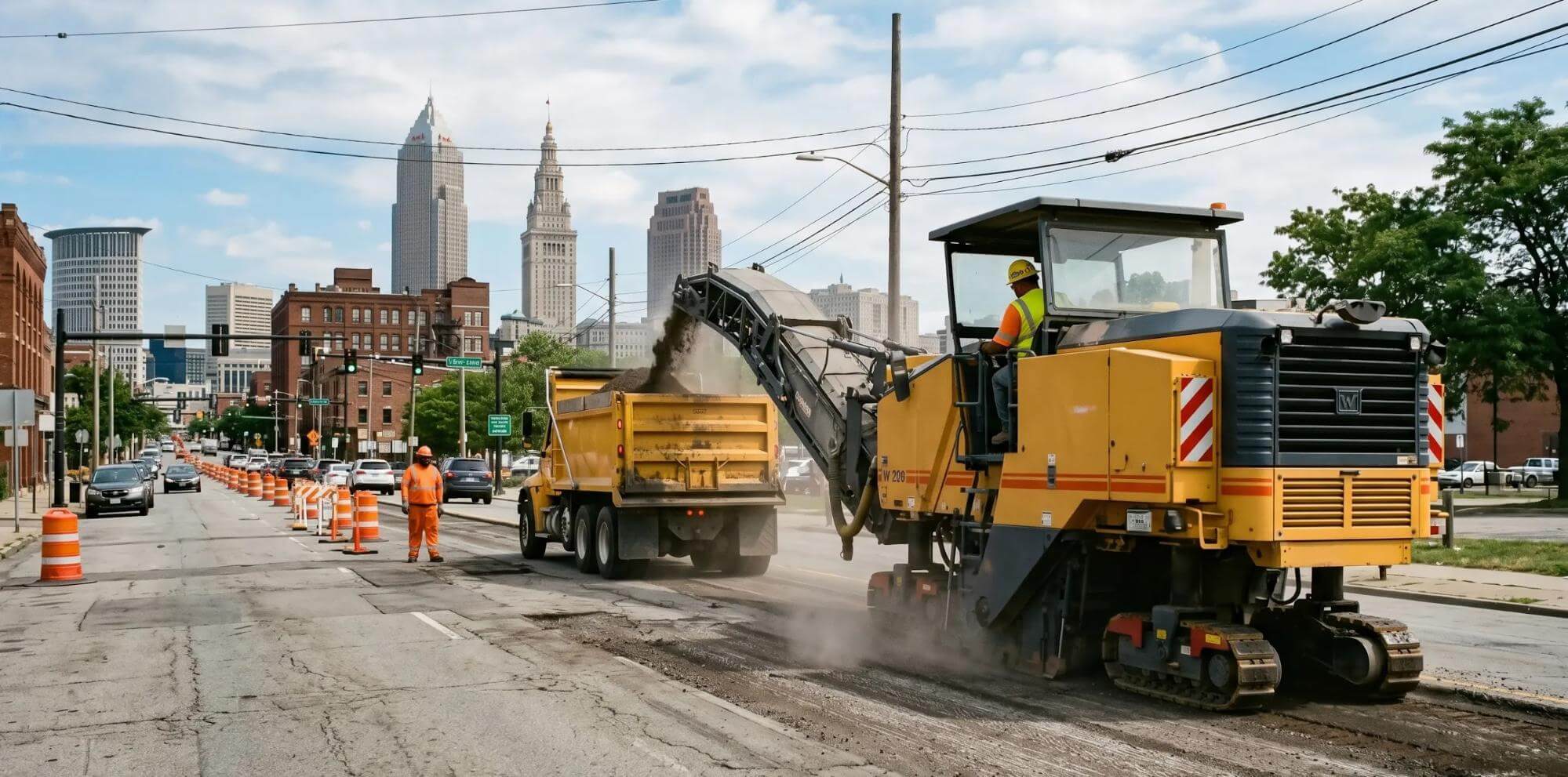 A road construction crew works with heavy machinery to repave a city street, with tall buildings and traffic cones visible in the background under a partly cloudy sky.