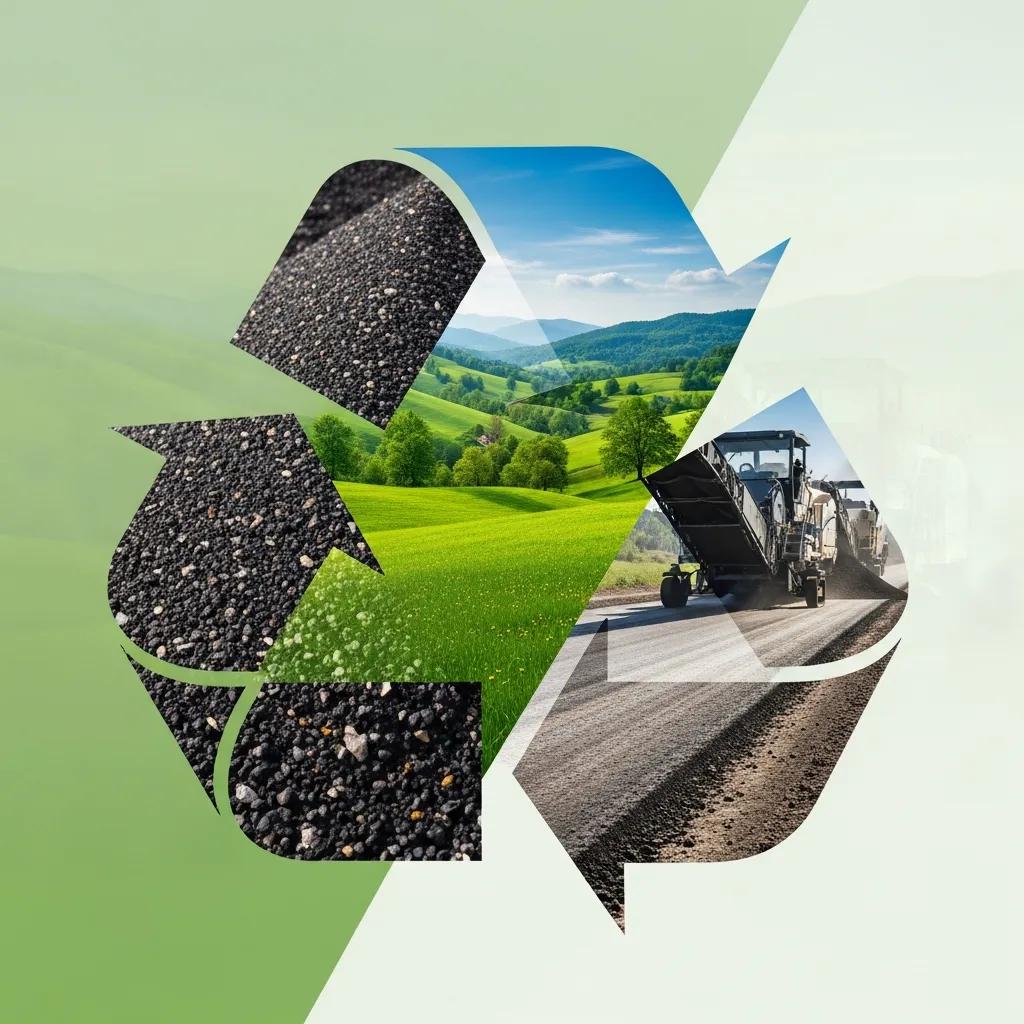 A recycling symbol filled with images of asphalt, a green hilly landscape, and road construction equipment, illustrating sustainable road building and asphalt recycling.