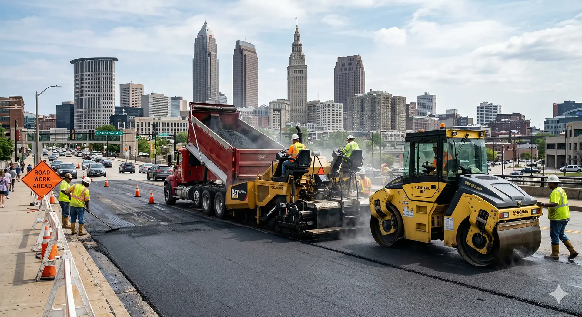 Workers operate heavy machinery to lay fresh asphalt on a city street, with orange cones marking the area and tall buildings visible in the background under a partly cloudy sky.