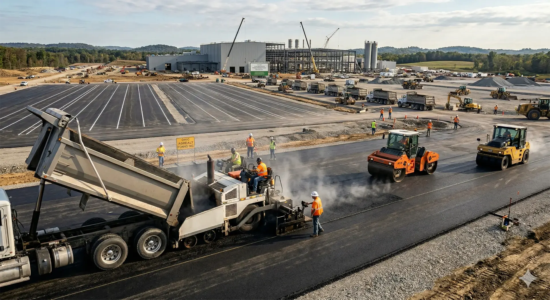 Construction workers and heavy machinery lay asphalt on a new road near a large industrial building. Several workers in safety gear are present, with other construction equipment and vehicles in the background.