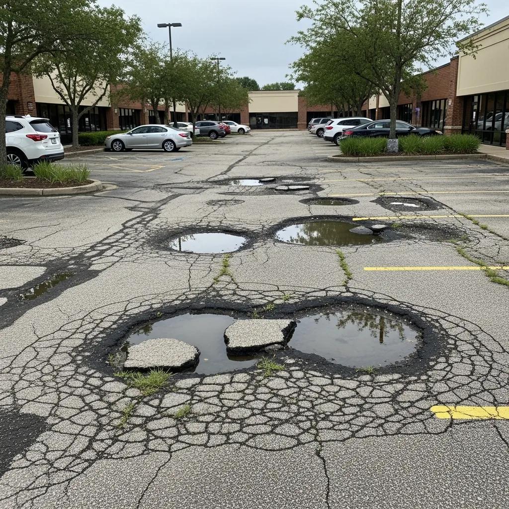 A parking lot with several large potholes filled with water, cracked pavement, and parked cars along the sides near brick buildings with trees in the background.