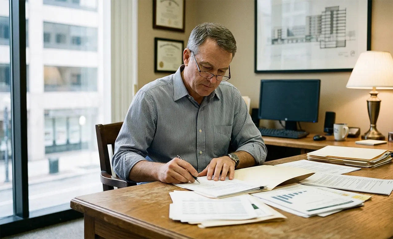 A man wearing glasses sits at a wooden desk in an office, reviewing and writing on documents. Papers, folders, and a computer monitor are on the desk, with certificates and framed pictures on the wall behind him.