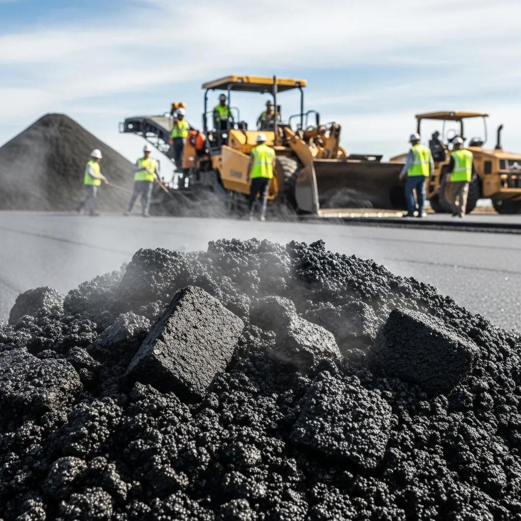 A close-up of steaming hot asphalt blocks in the foreground, with construction workers in yellow vests and heavy machinery paving a road in the background under a partly cloudy sky.