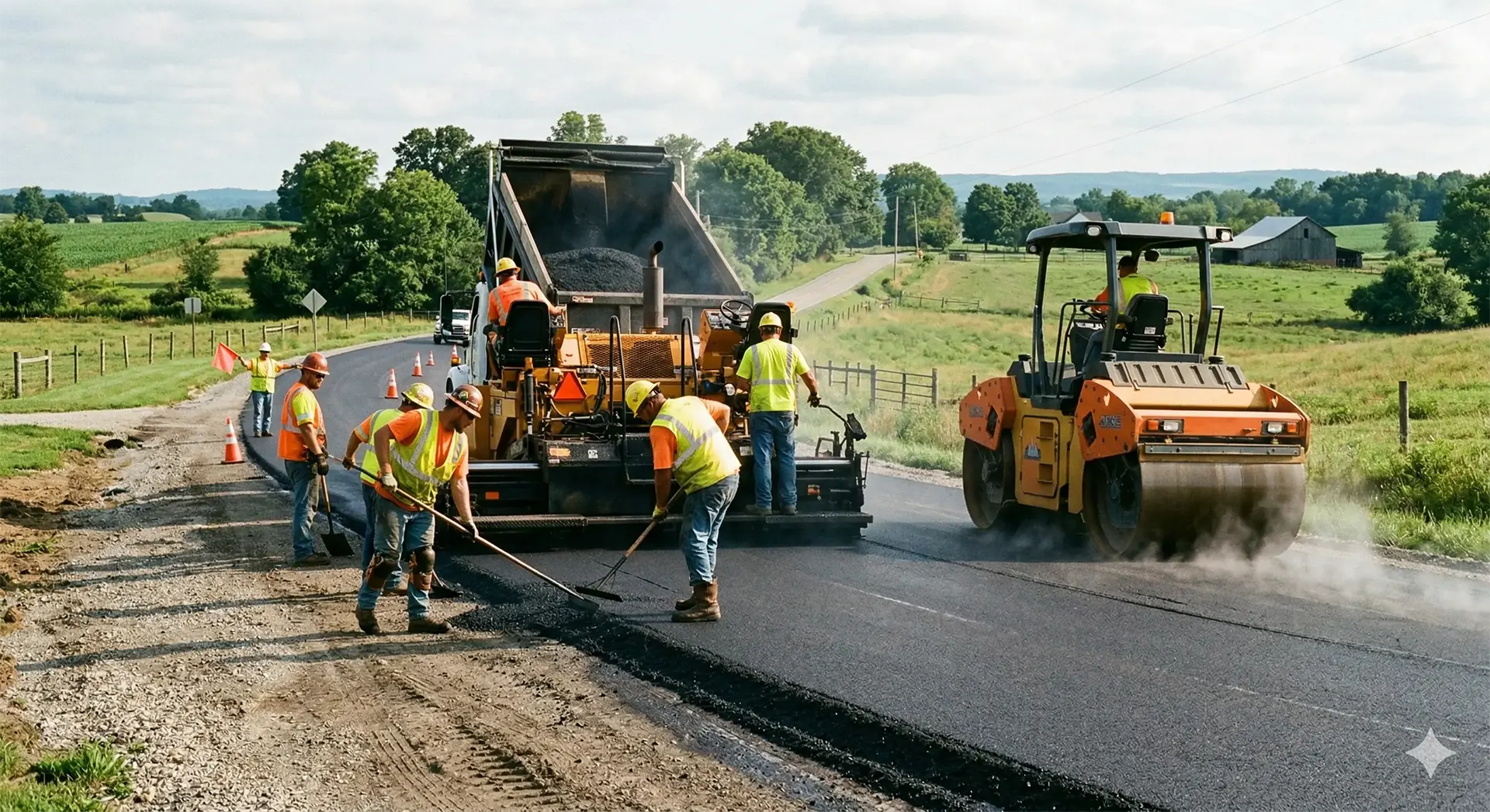 Road construction workers in safety vests and helmets pave a rural road using heavy machinery, including an asphalt paver and steamroller, surrounded by green fields and trees under a partly cloudy sky.