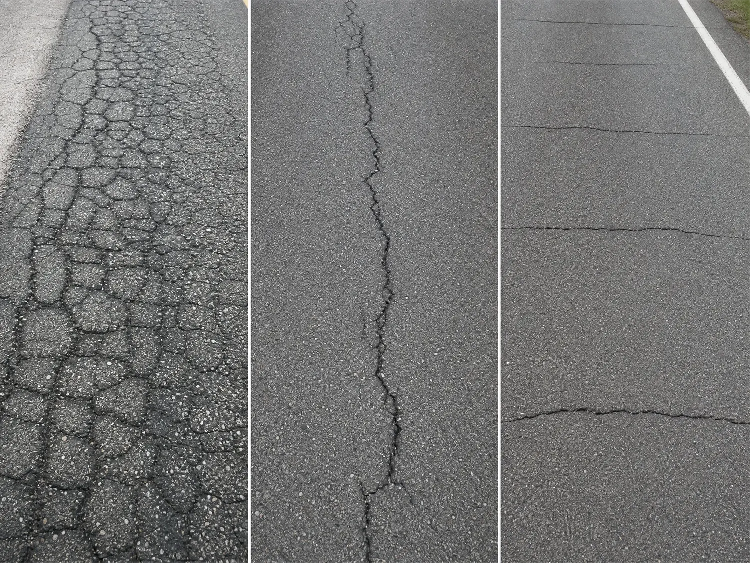 Three side-by-side photos of asphalt roads: the left shows alligator cracking, the center shows a long vertical crack, and the right shows several horizontal cracks on the pavement.
