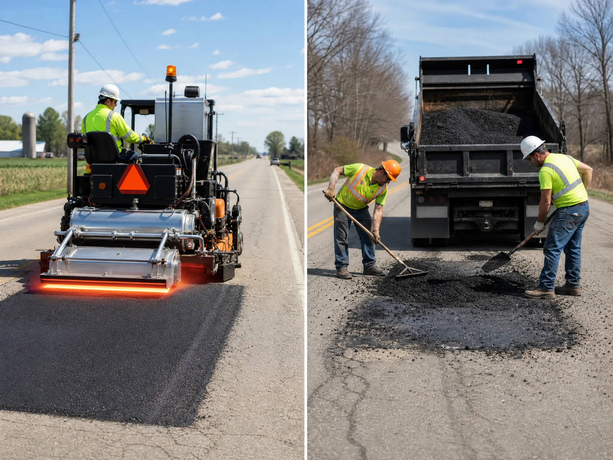 Split image: Left side shows a worker operating a paving machine resurfacing a road; right side shows two workers using shovels to spread asphalt from a dump truck onto a road. Both scenes are outdoors.
