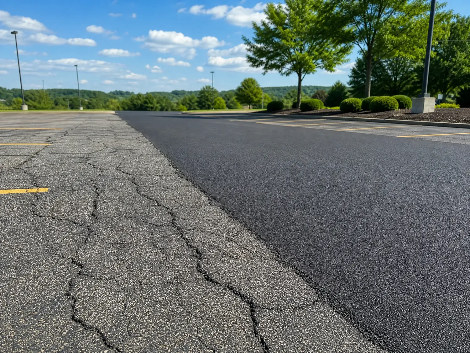 A parking lot with a clear contrast between old, cracked asphalt on the left and freshly paved, smooth black asphalt on the right. Green trees, blue sky, and fluffy clouds are visible in the background.