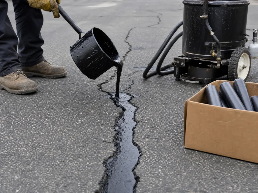 A worker pours hot black sealant from a metal pot into a crack in an asphalt road, with equipment and a box of sealant sticks nearby.
