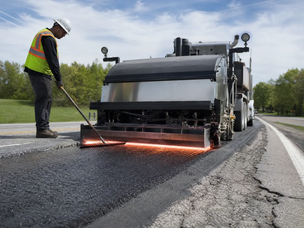 A construction worker in a safety vest and helmet uses a tool beside a large road paving machine applying hot asphalt on a rural road under a blue sky. Trees and grass are visible in the background.