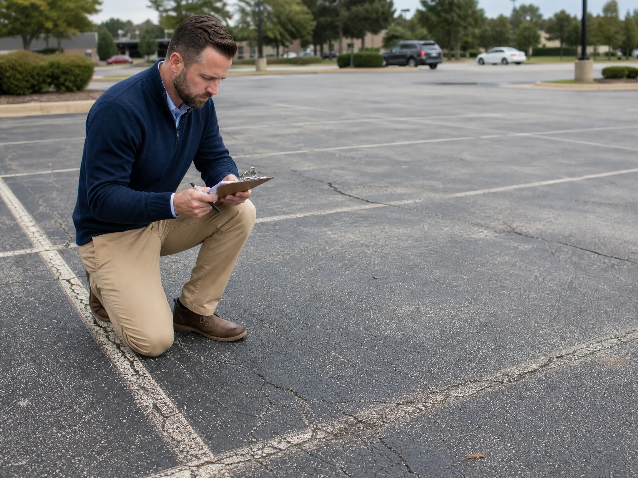 A man kneels on the ground in an empty parking lot, examining cracks in the pavement while writing notes on a clipboard. Trees and parked cars are visible in the background.