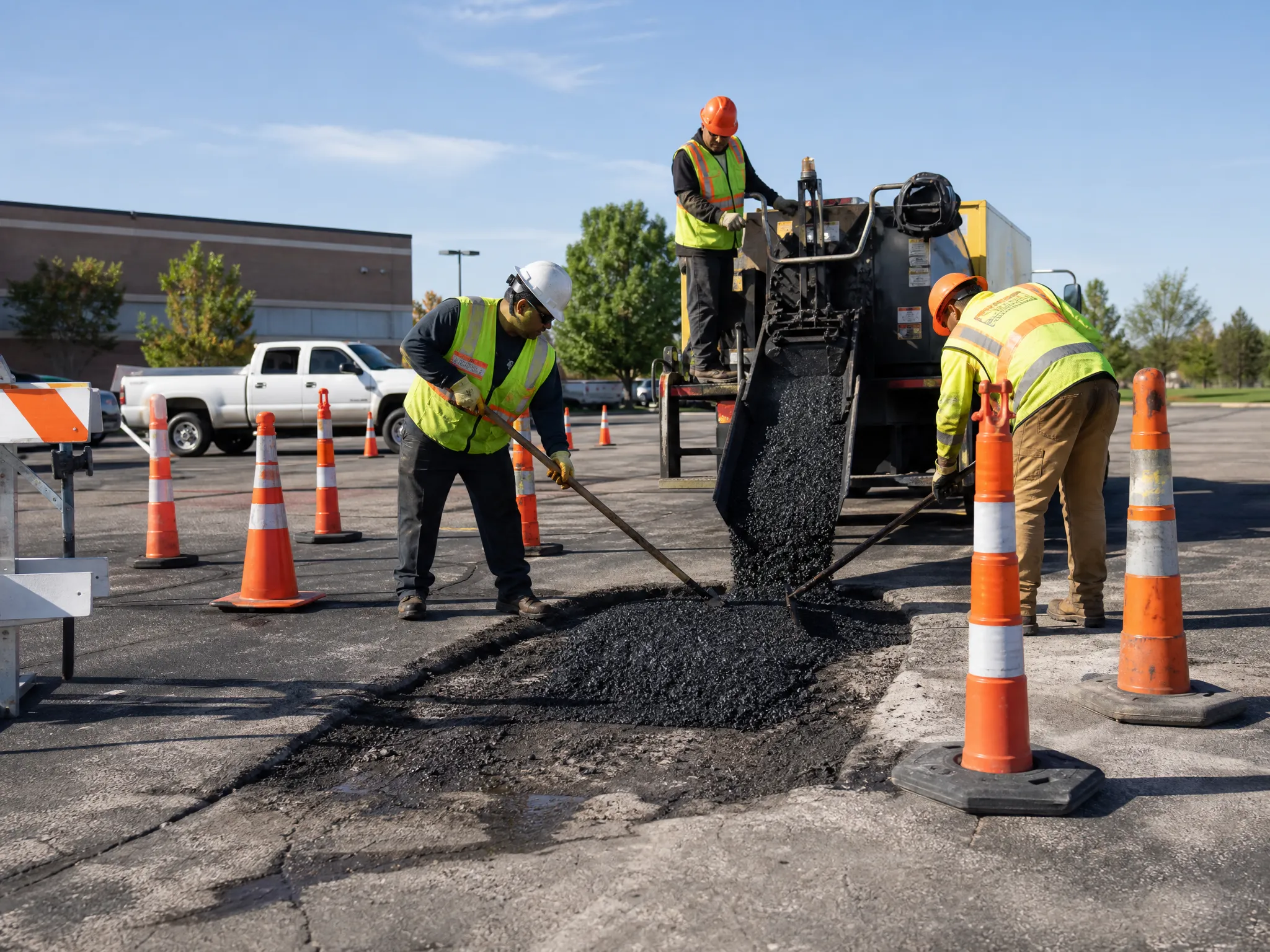 Three construction workers in safety vests and helmets repair a road, spreading asphalt from a truck. Orange traffic cones surround the work area on a sunny day, with a building and vehicles in the background.
