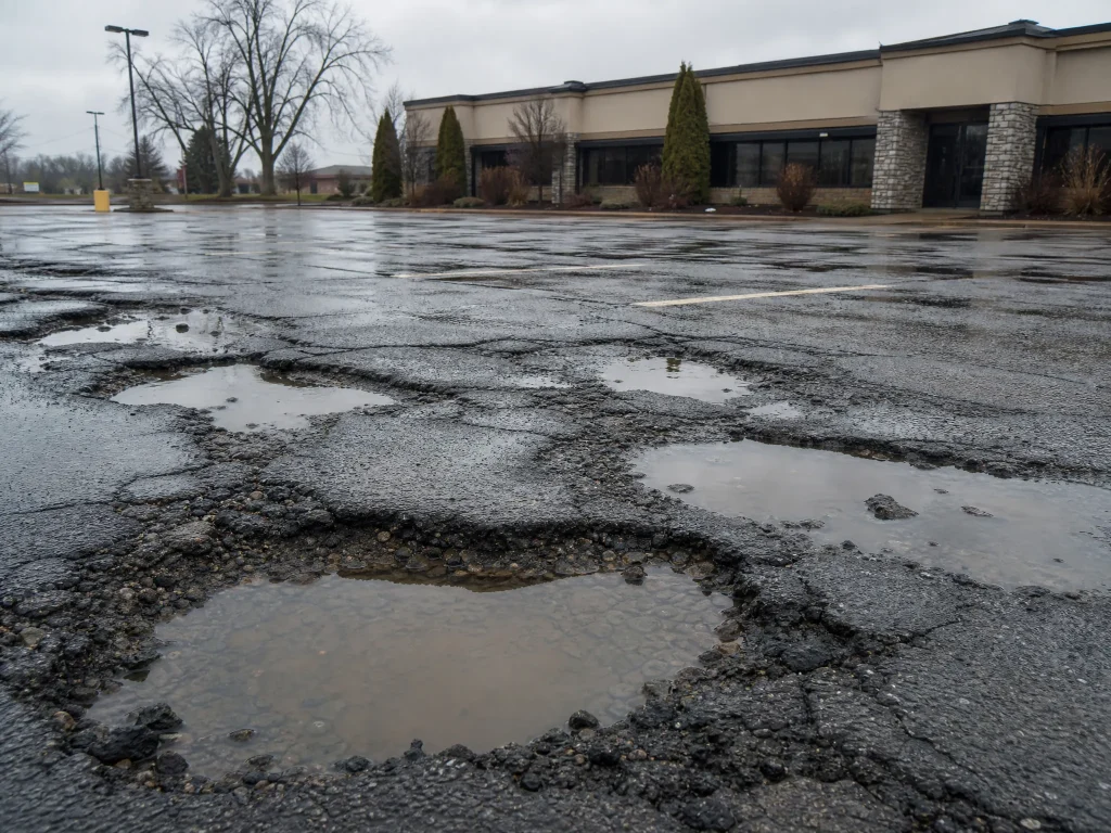 Large potholes filled with water cover an empty, cracked asphalt parking lot in front of a building with stone pillars and neatly trimmed bushes on a cloudy day.
