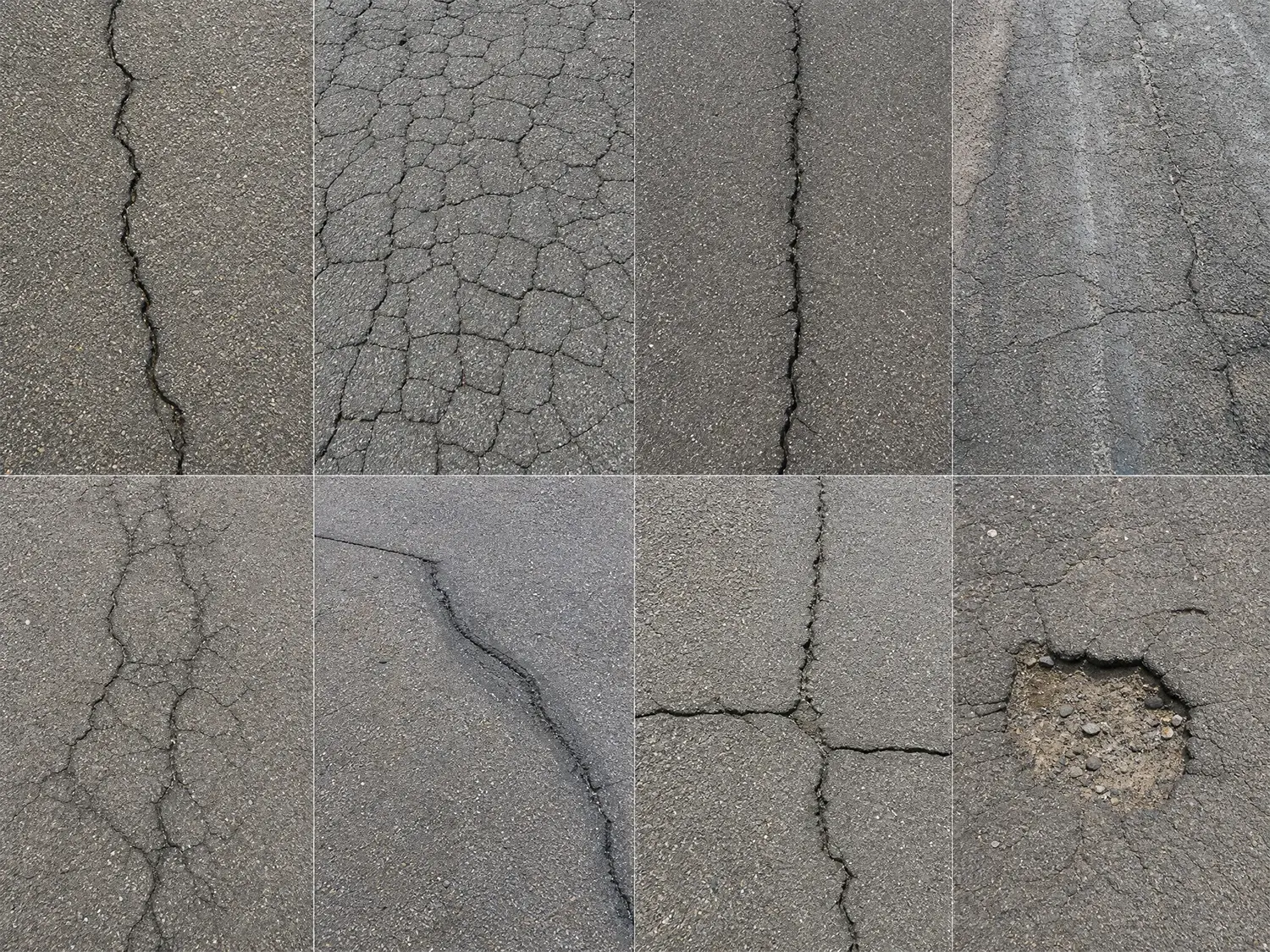 A collage of eight close-up images of cracked and damaged asphalt surfaces, showcasing various types of pavement deterioration.