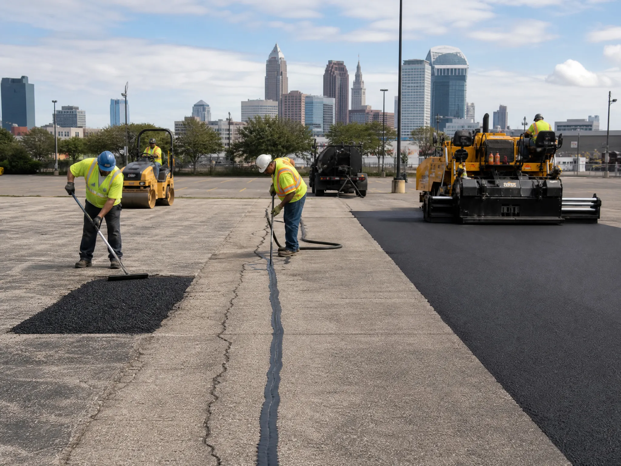 Three construction workers repave a parking lot with asphalt using heavy machinery, with a city skyline and cloudy sky in the background. Two workers spread asphalt while one operates a paver.