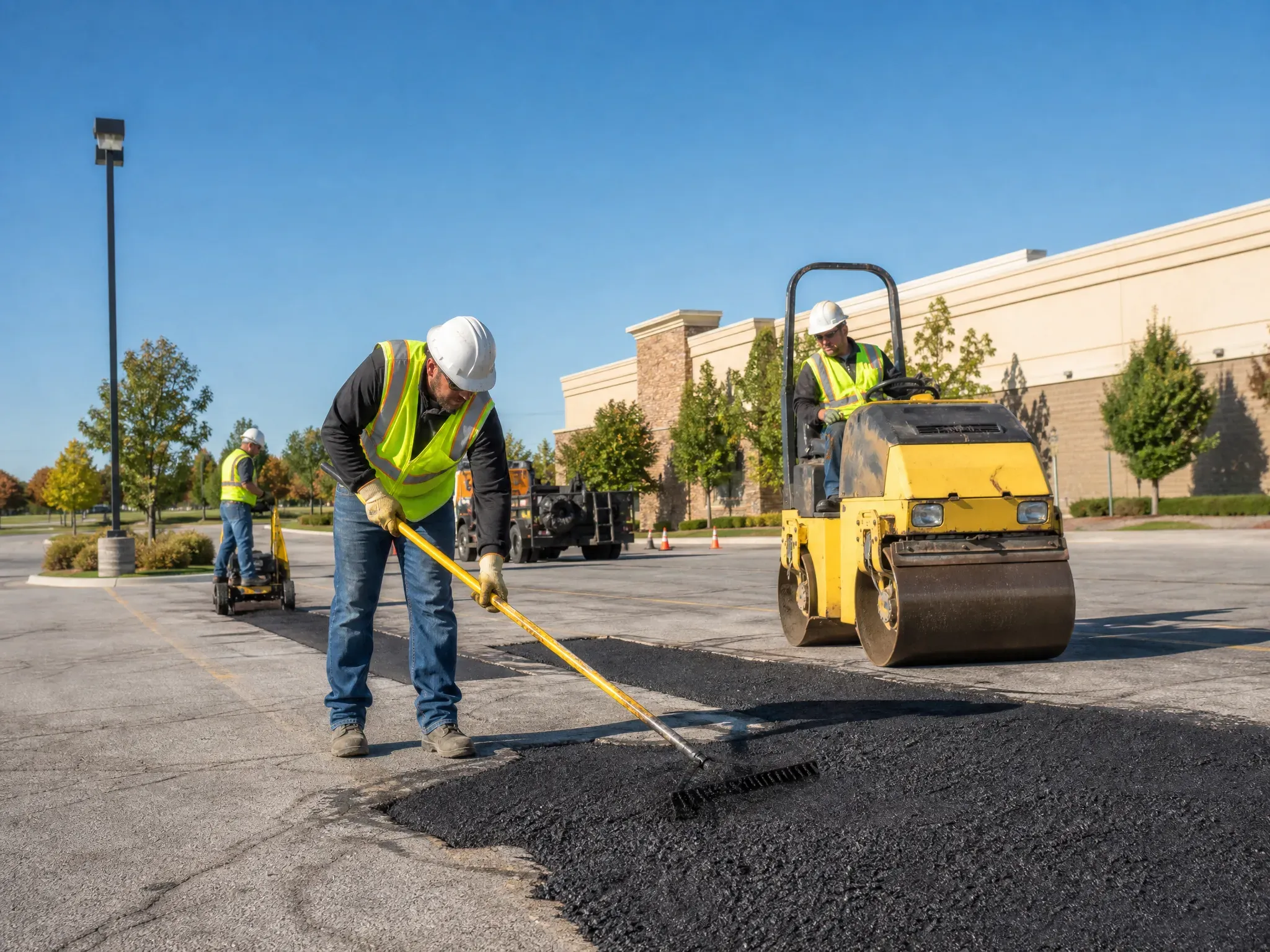 Three construction workers in safety vests and helmets are repaving an outdoor parking lot. One uses a rake to spread asphalt, while another drives a yellow steamroller. A third worker stands in the background.