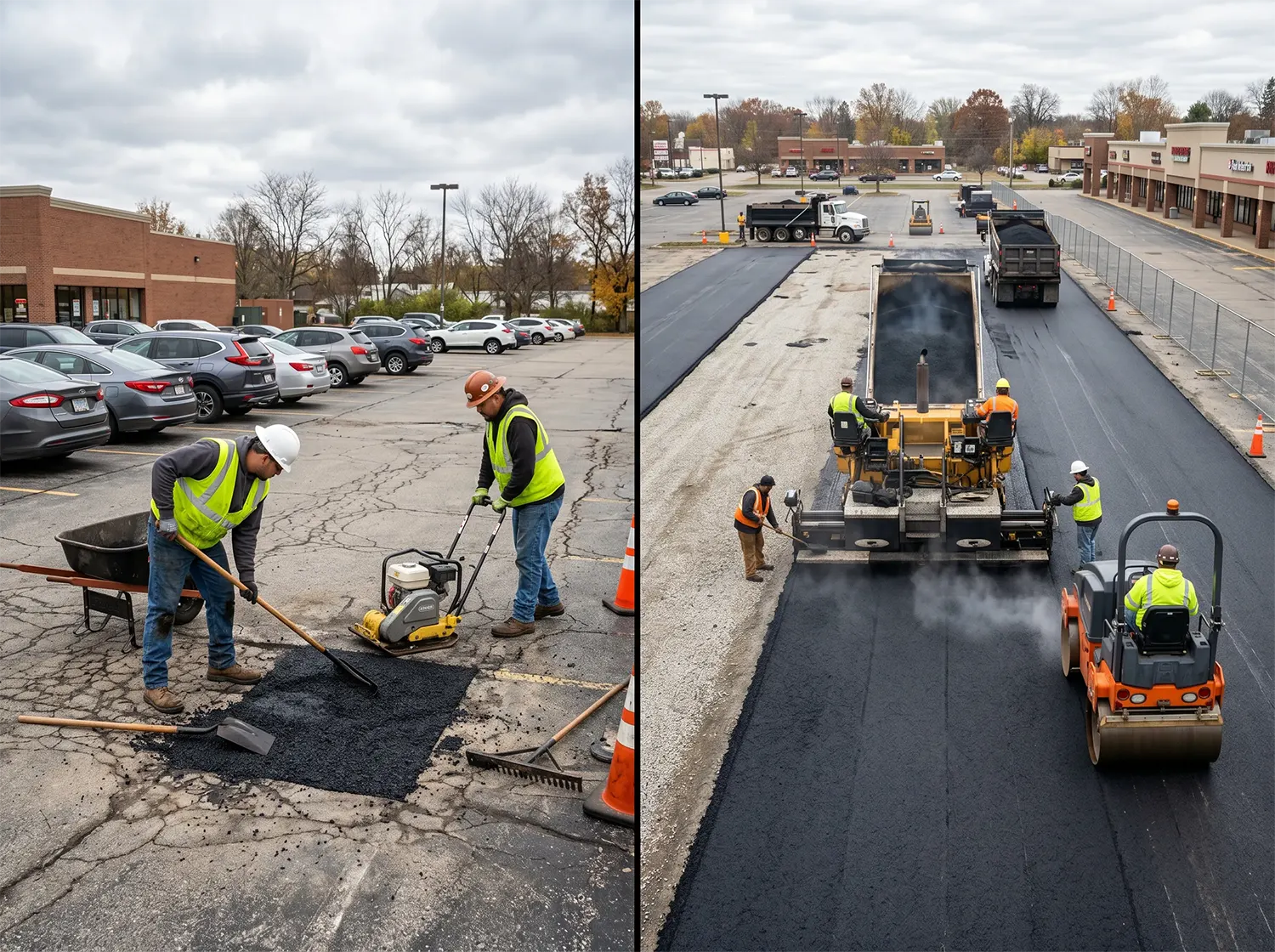 Workers repair and repave a parking lot; on the left, two workers patch potholes, while on the right, machinery and crew lay fresh asphalt on a larger section. Cars and shops are visible in the background.
