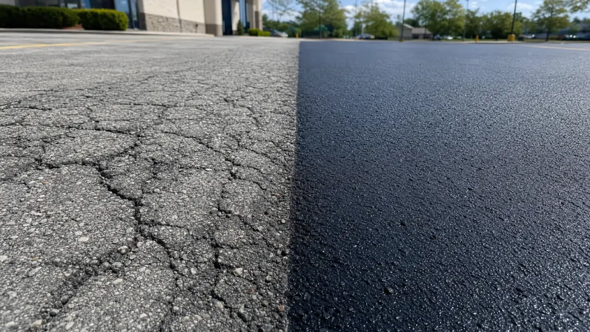 Close-up view of a parking lot showing a clear contrast between old, cracked, gray asphalt on the left and newly paved, smooth black asphalt on the right. Buildings and trees are visible in the background.