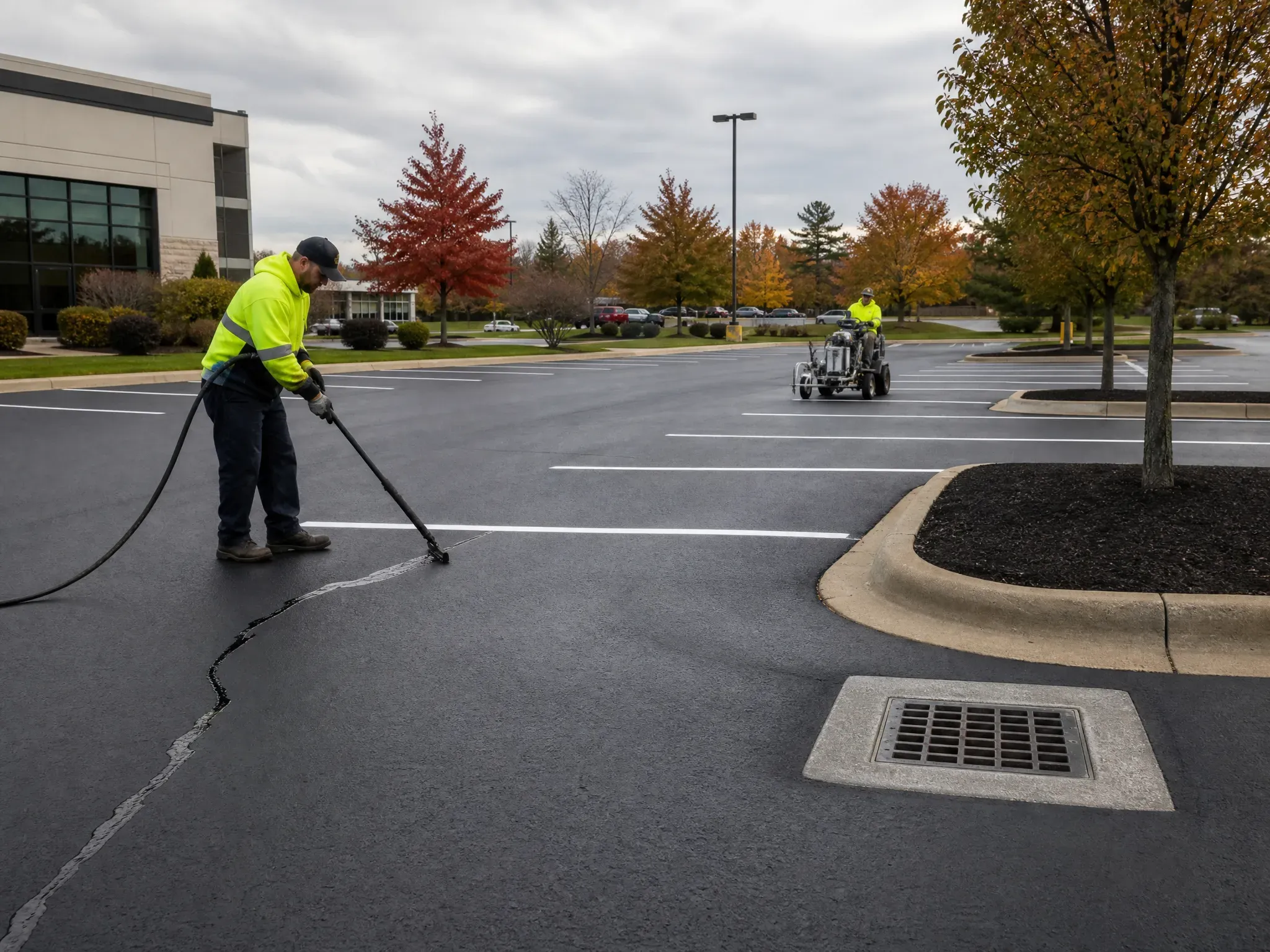 Two workers in bright safety clothing maintain a parking lot; one fills a crack in the pavement while the other paints white parking lines, with autumn trees and an office building in the background.