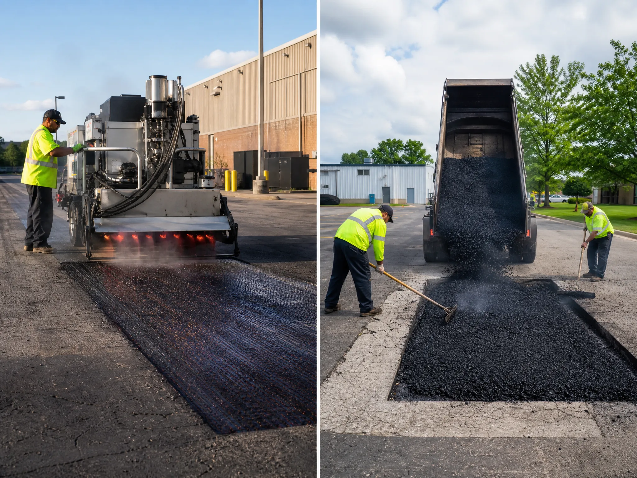 Two side-by-side images: on the left, a worker operates a machine spraying liquid onto pavement; on the right, workers spread fresh asphalt dumped from a truck onto a road surface.