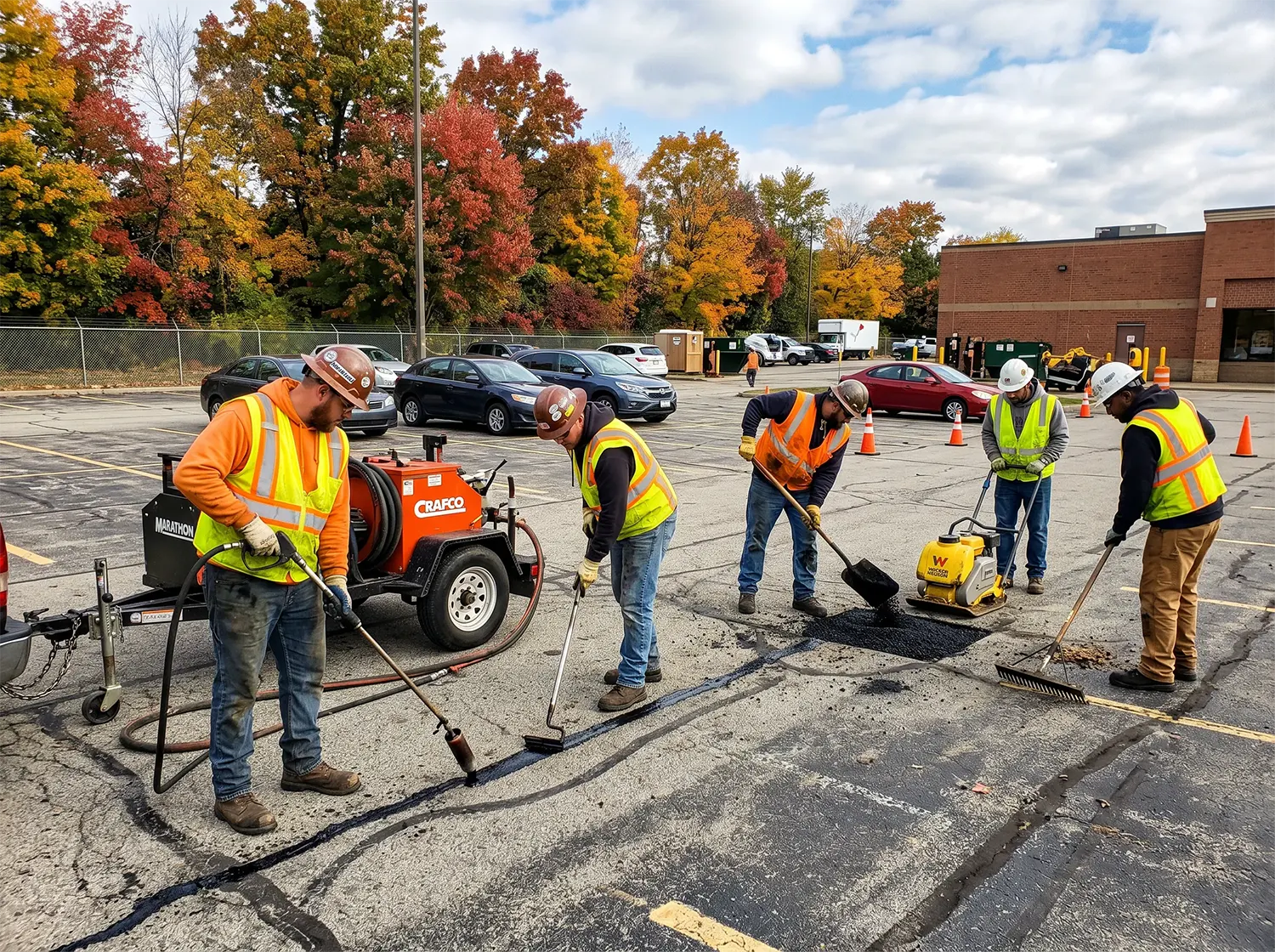 Five construction workers in safety vests and helmets repair cracks in a parking lot using equipment and tools. Cars and trees with fall foliage are in the background under a partly cloudy sky.