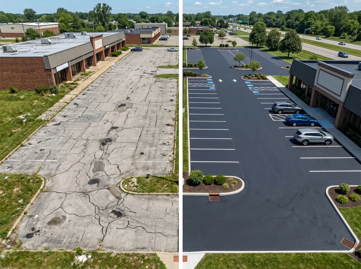A split image showing a before and after of a parking lot: the left side has cracked, worn pavement and overgrown grass, while the right side has freshly paved, marked, and clean parking spaces.