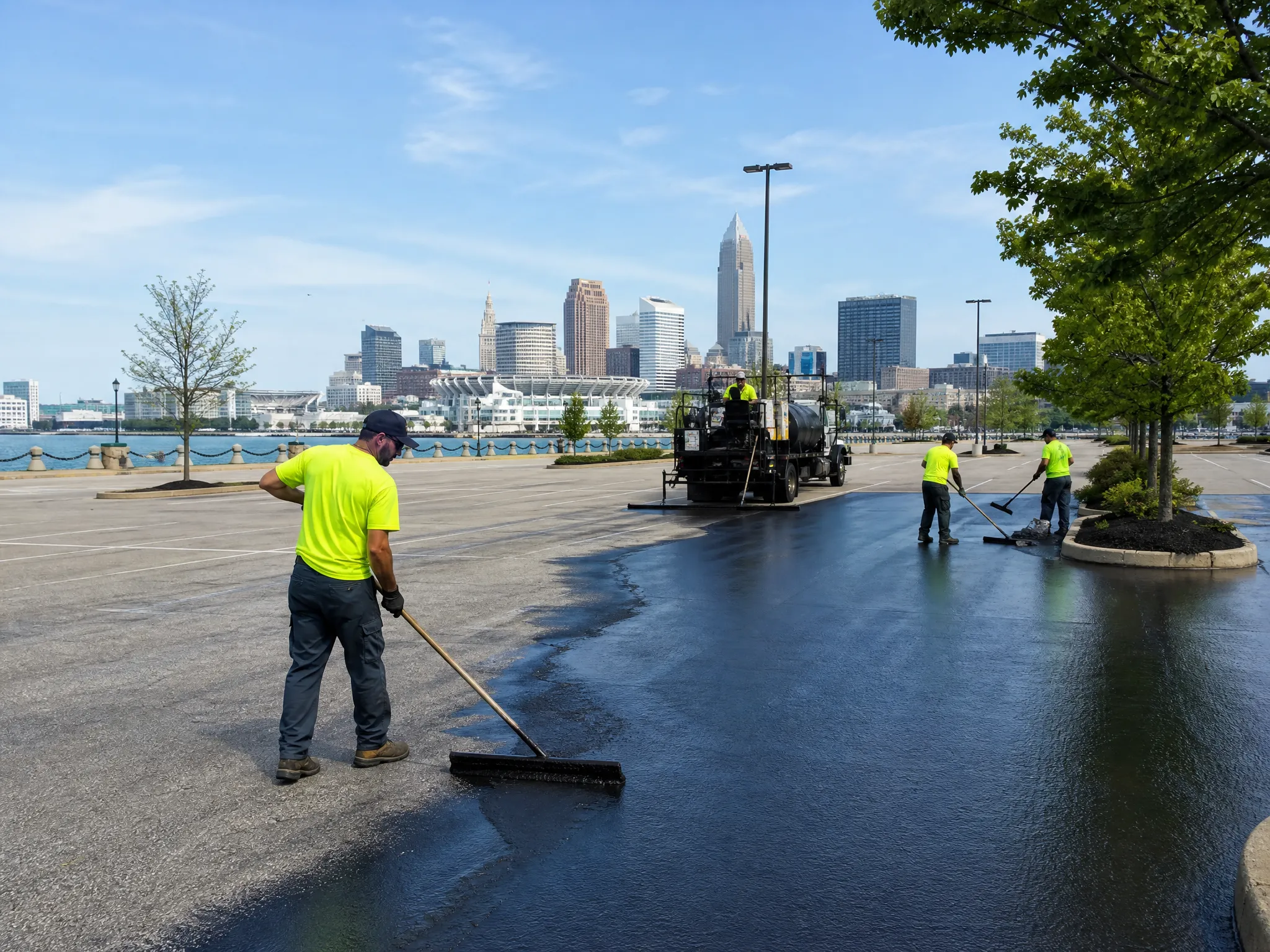 Workers in neon shirts resurface and seal a large parking lot with fresh asphalt, using brooms and machinery. The city skyline appears in the background under a clear blue sky.