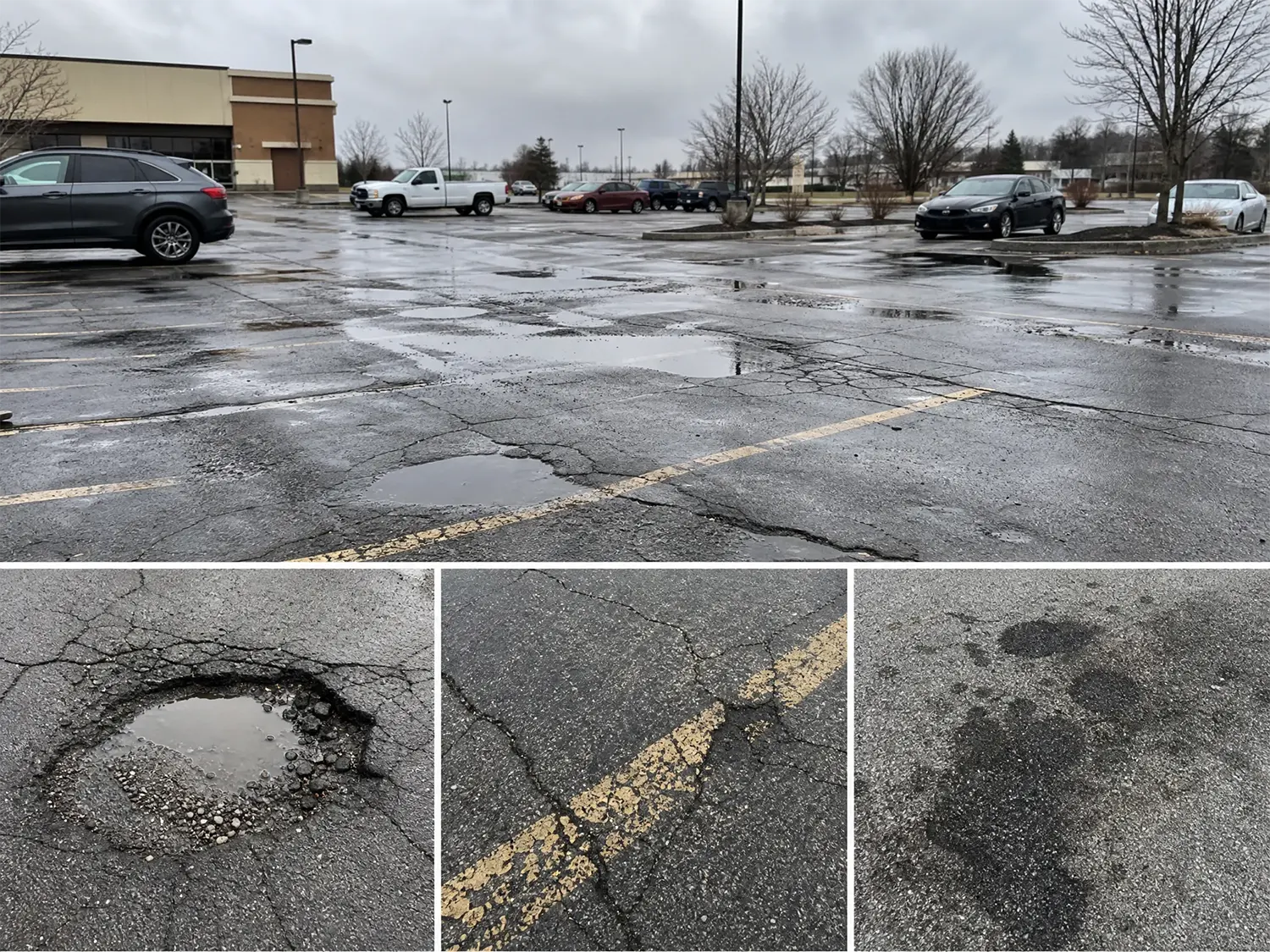A nearly empty, wet parking lot with many potholes, cracks, and puddles. Three close-up images below show a large pothole, cracked asphalt with a yellow line, and dark water stains on the pavement.