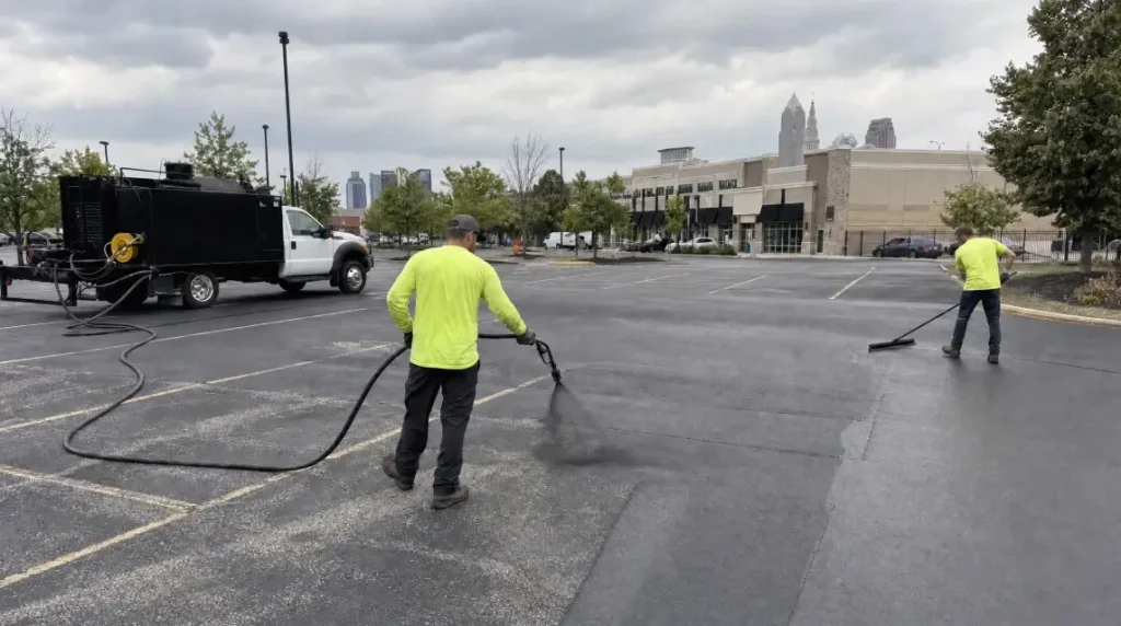 Two workers in bright yellow shirts seal a large, empty parking lot with hoses connected to a white truck on a cloudy day. Shops and city buildings are visible in the background.