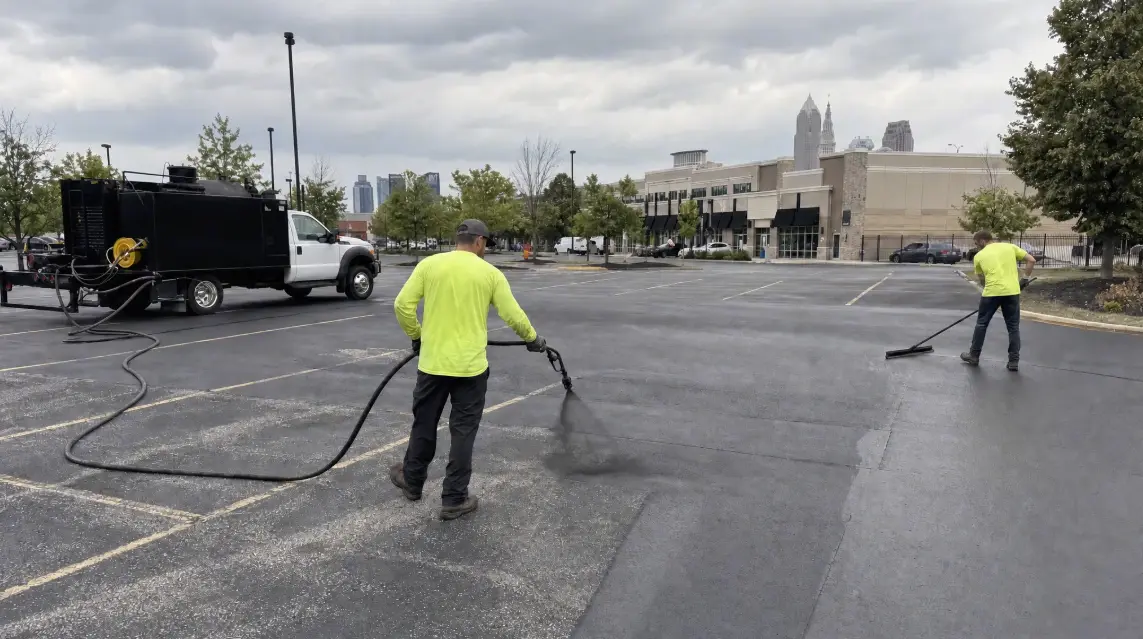 Two workers in bright yellow shirts seal a large, empty parking lot with hoses connected to a white truck on a cloudy day. Shops and city buildings are visible in the background.