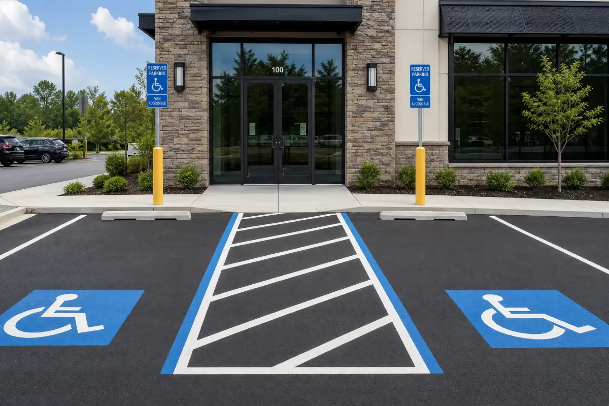 Two handicap parking spaces with blue wheelchair symbols are in front of a building entrance. Yellow-striped access areas are between the spaces. Green trees and shrubs line the building.