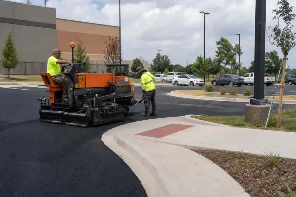 Two workers in neon shirts pave a parking lot with an orange asphalt machine near a sidewalk and a building, while cars are parked in the background on a partly cloudy day.