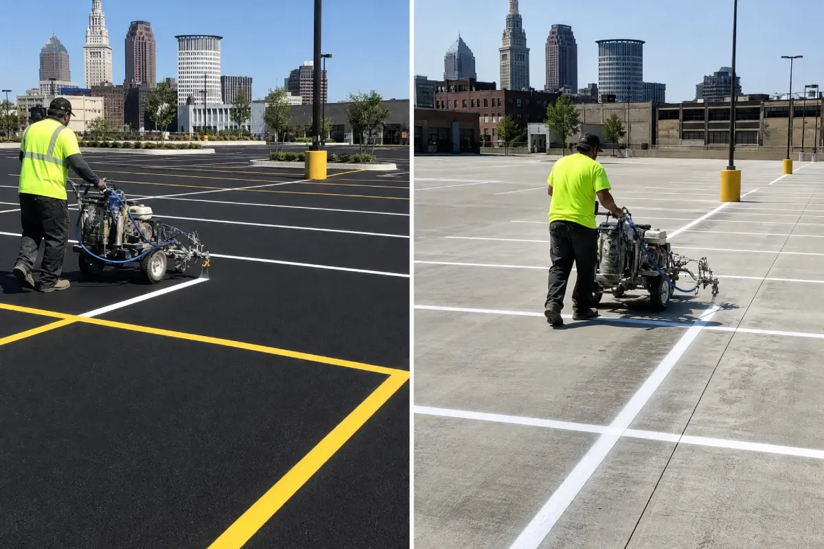 Two side-by-side photos show workers using machines to paint parking lot lines; one paints yellow lines on black asphalt, the other paints white lines on gray concrete. City buildings are visible in the background.