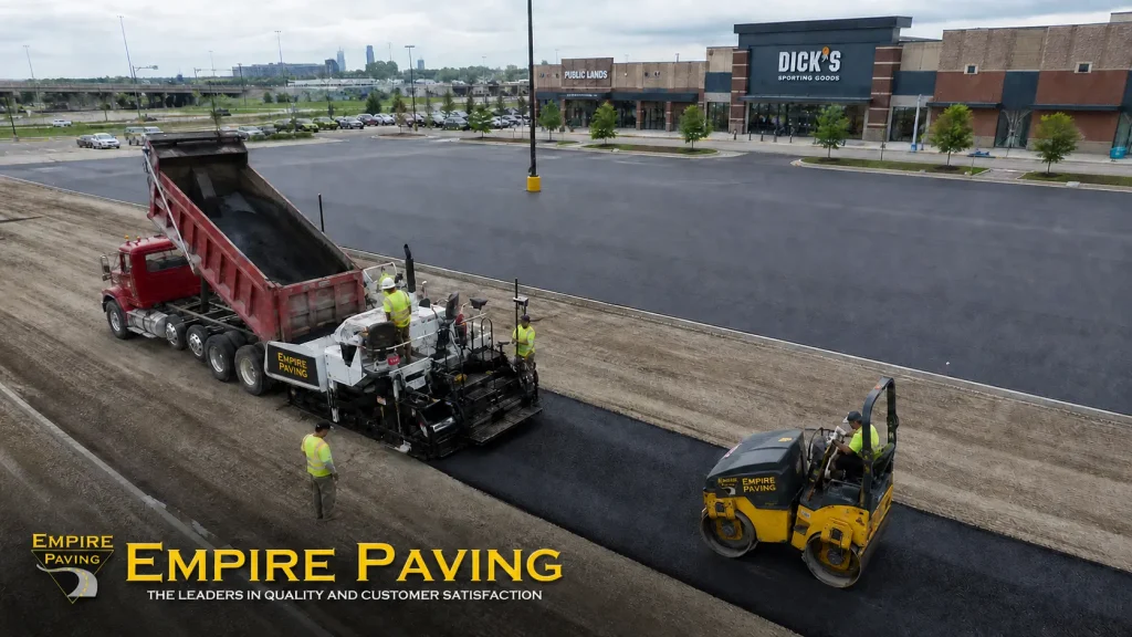 Commercial parking lot paving in Cleveland Ohio — Empire Paving crew installing new asphalt surface