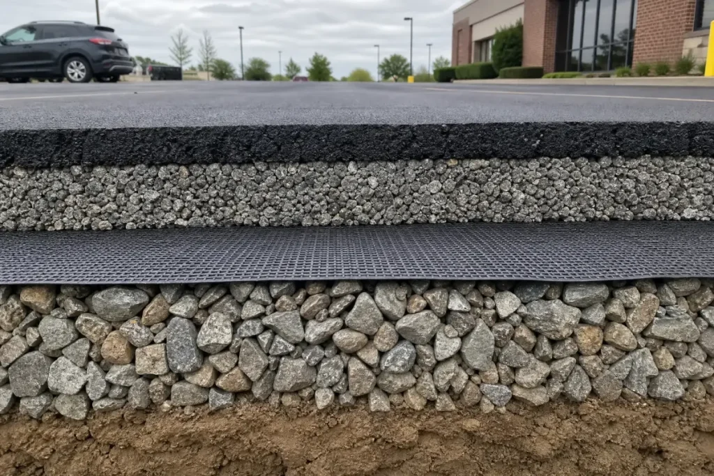 A cross-section of a parking lot surface showing layers of asphalt, gravel, mesh, stones, and soil, illustrating the materials and structure used in road construction.