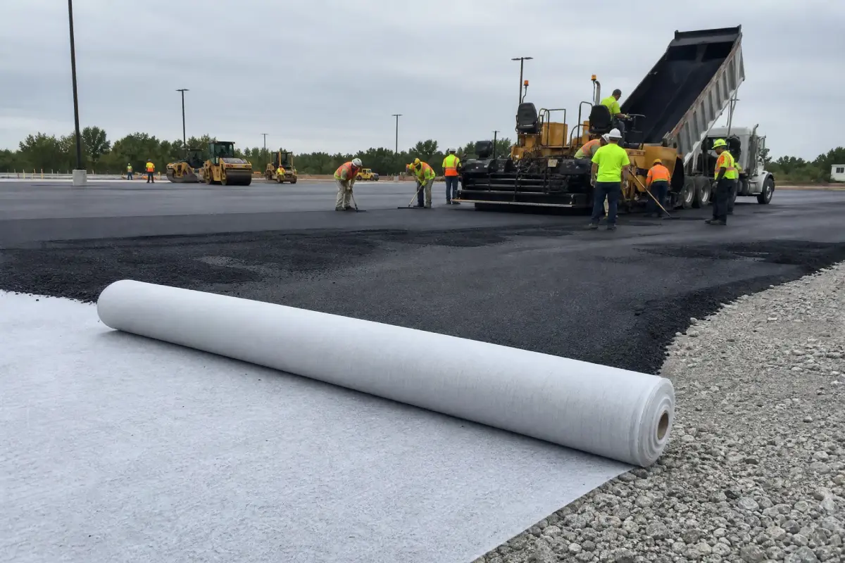 Workers in safety vests pave a large asphalt area, with a roll of white geotextile fabric in the foreground and construction vehicles in the background under a cloudy sky.