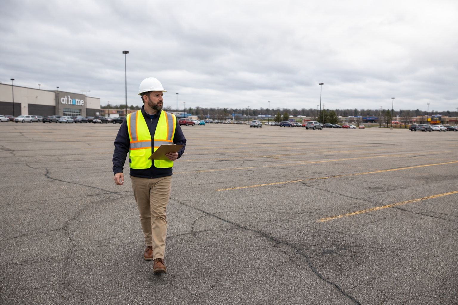 Property manager inspecting a commercial parking lot in Northeast Ohio for seasonal maintenance issues