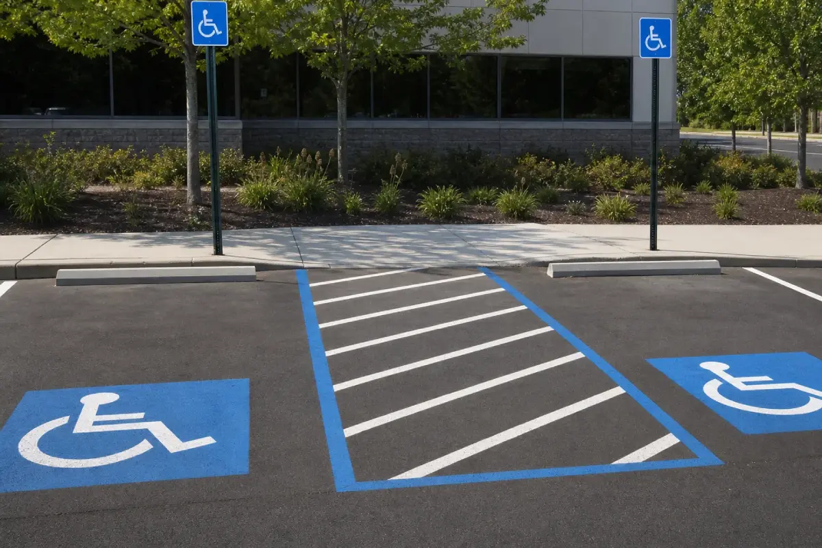 Two parking spaces with blue wheelchair symbols and a striped access aisle between them, reserved for people with disabilities, are located in front of a building with greenery and large windows.