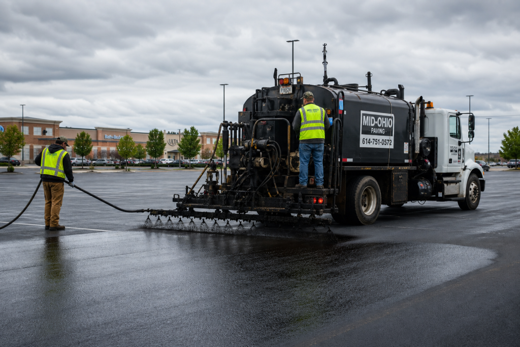 Commercial parking lot sealcoating application with professional spray equipment in Northeast Ohio