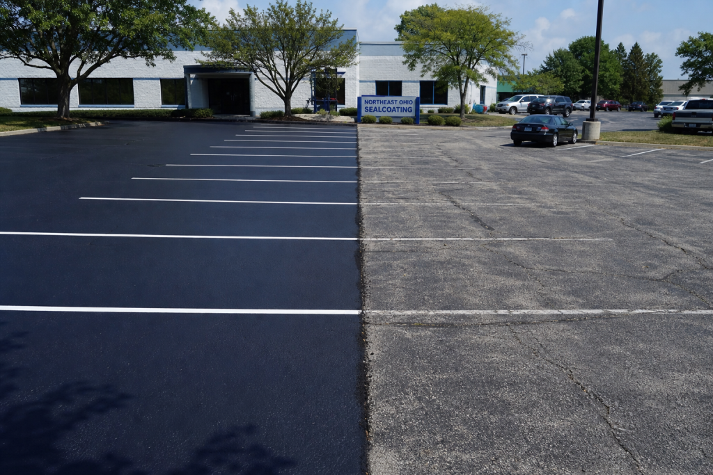 Before and after comparison of commercial parking lot sealcoating in Ohio — fresh sealcoat vs worn asphalt