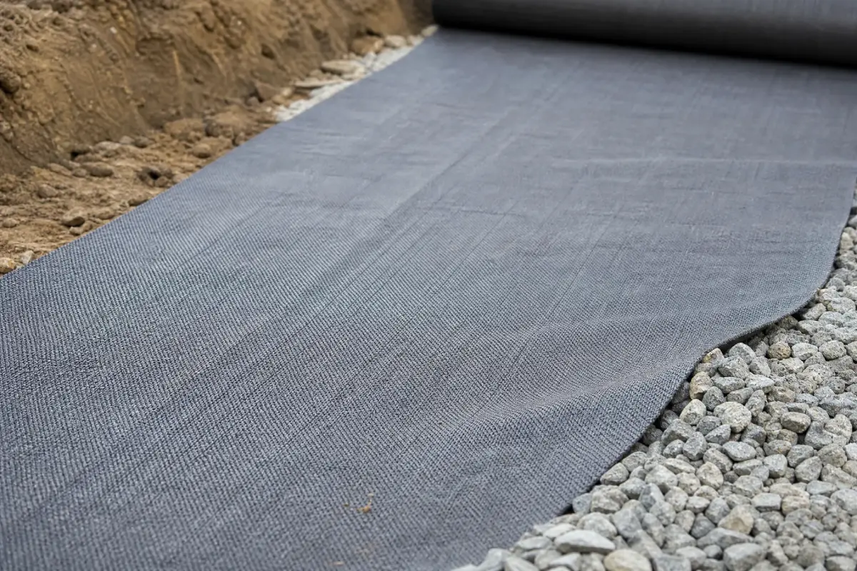 A roll of landscape fabric is being laid on the ground, separating a layer of soil on the left from gray gravel on the right.